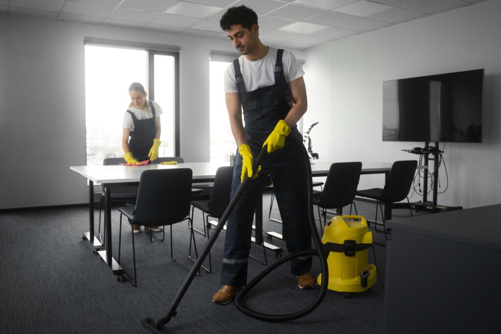 full shot people cleaning office